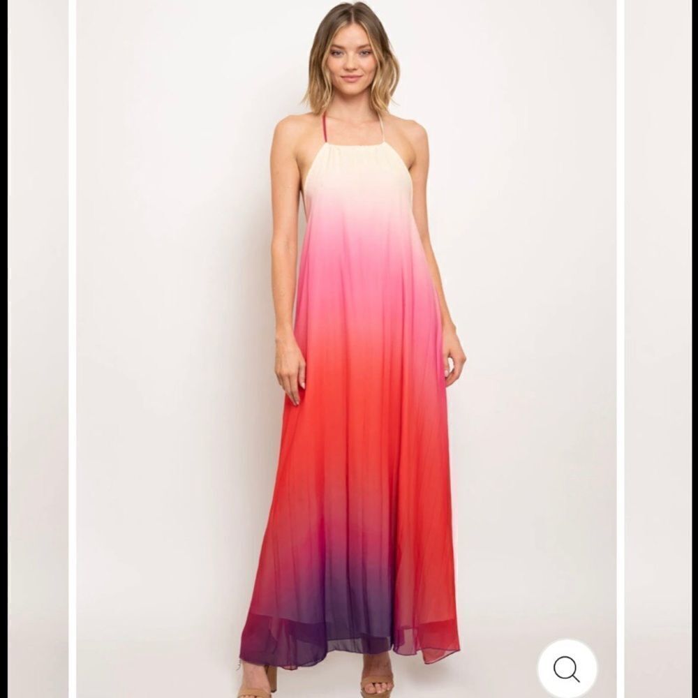 Colorful Ombré Backless Pleated Tie Halter Maxi Dress - Picture 2 of 8